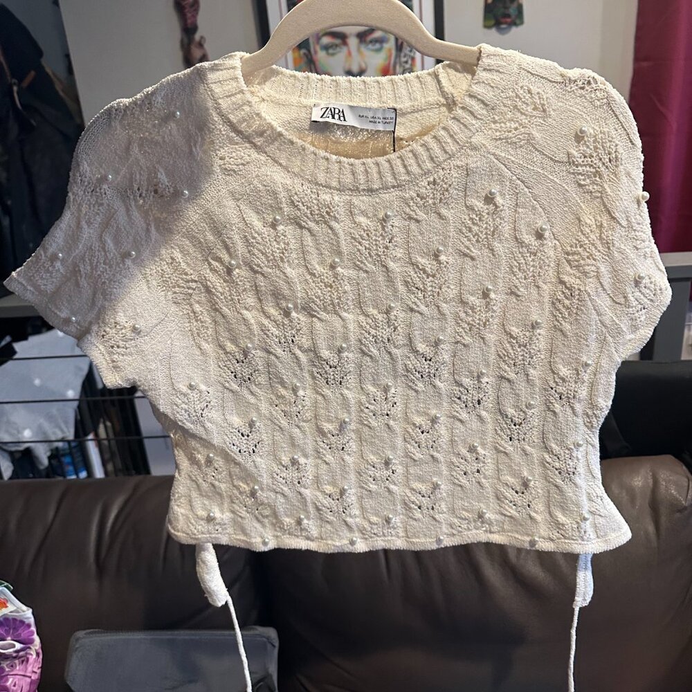 ZARA knit crop top Open back with faux Pearls White Size XL Ref 4331/104 - Picture 7 of 11